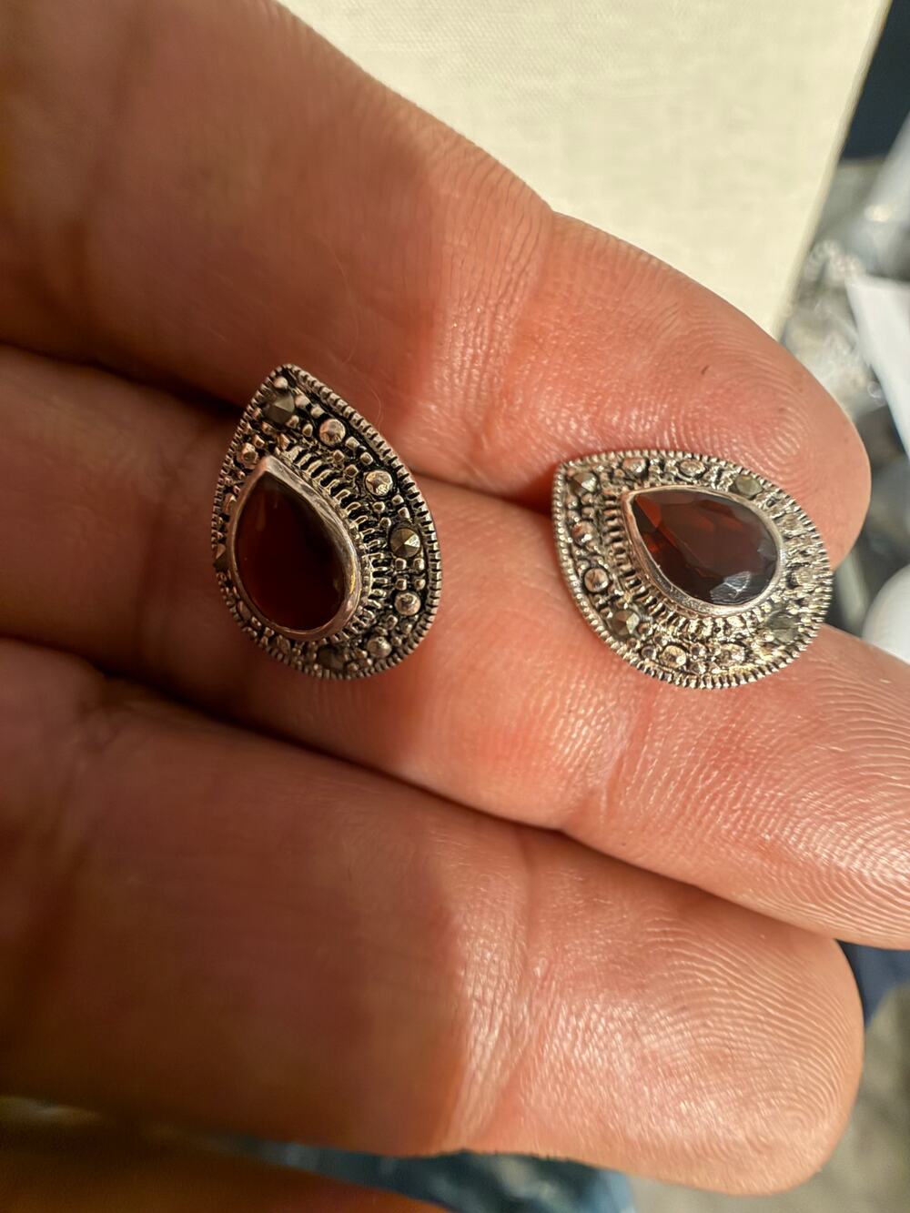 Vintage 925 Sterling Garnet Marcasite Necklace Earrings Set